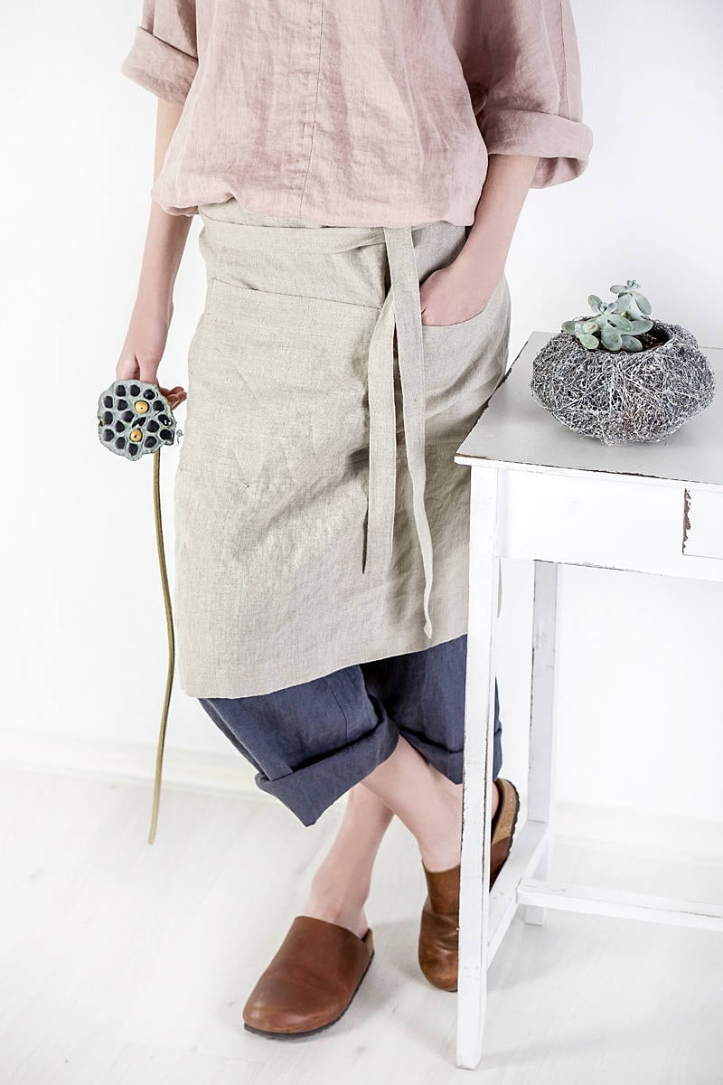 Leinen Schürze/Halbschürze Gewaschene Handgemachte Midi Leinenschürze Cafe Wrap Unisex von LinenCloud
