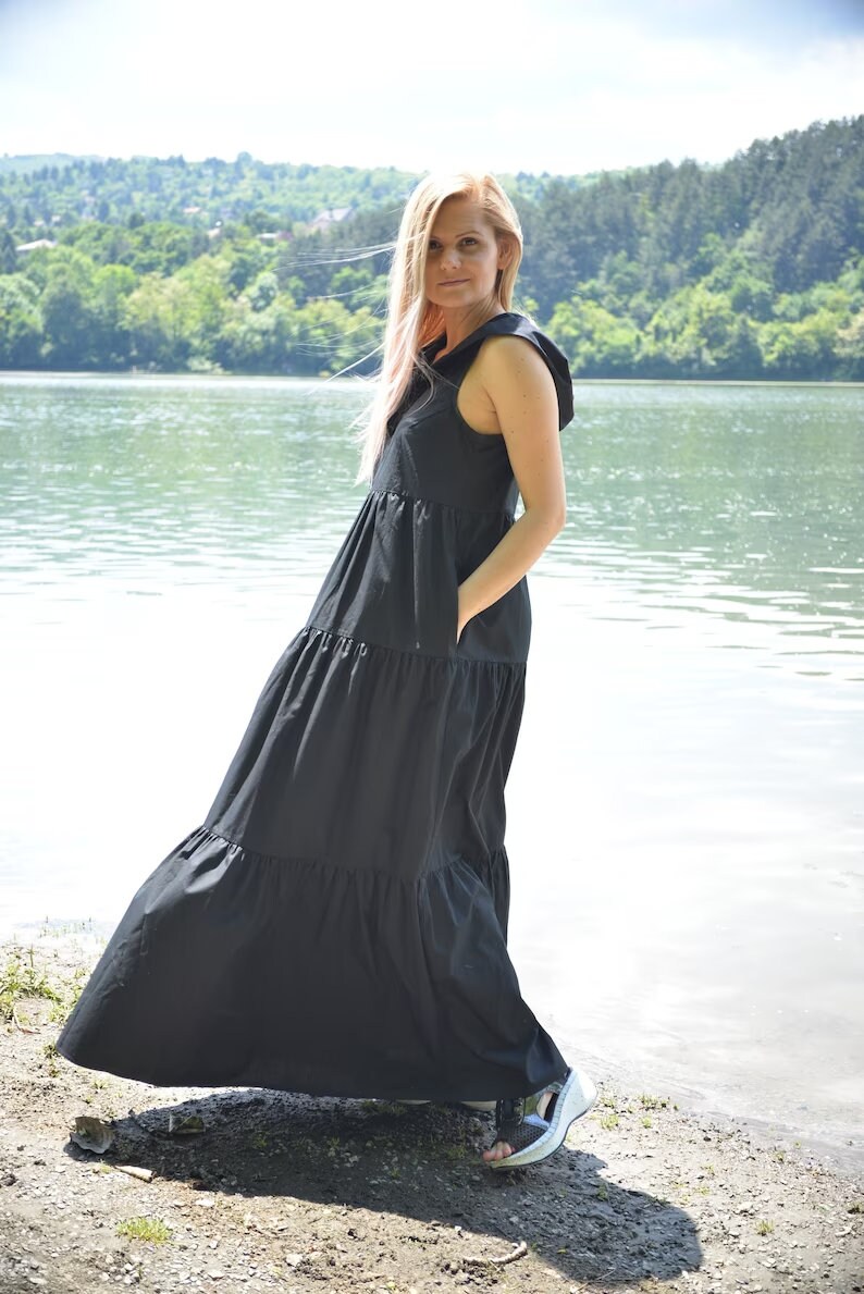 Kapuzenkleid Frauen, Zwei in 1 Schwarz Baumwolle Lose Maxikleid Mit Obi Gürtel, Lässiges Bequemes Kleid, A-Linienkleid, Plus Size Kleid von LinenDressesForWomen