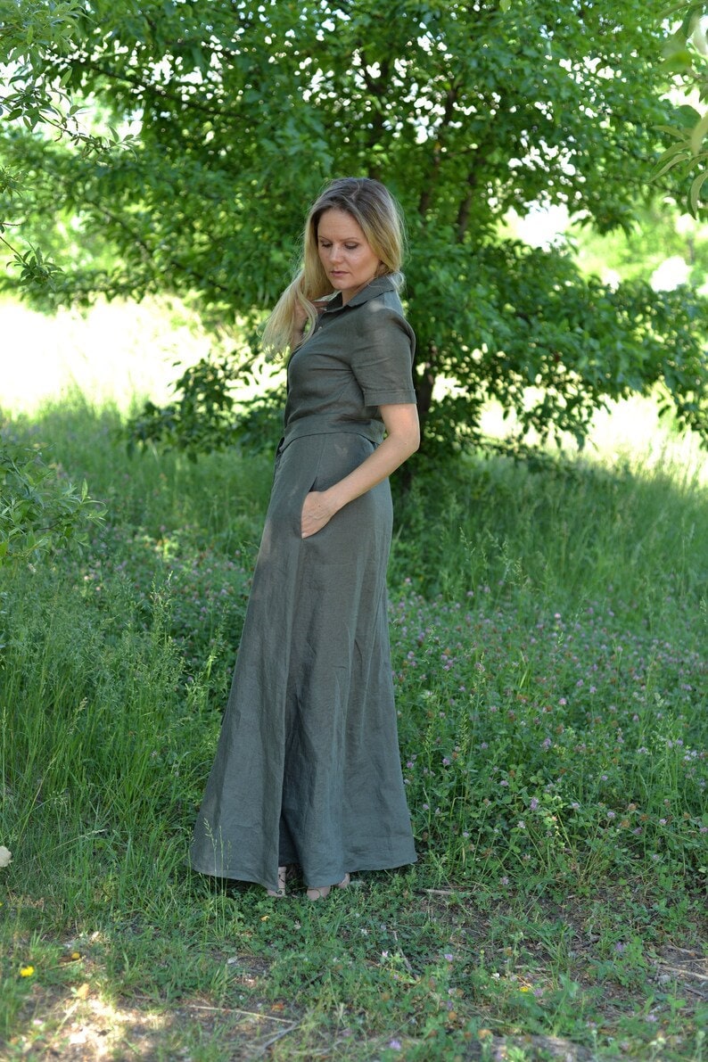 Leinen Maxi Kleid Frauen, Kurzarm Shirt Mit Gürtel, Plus Size Kleidung, Nachhaltiges Geschenk Für Sie, Sommer von LinenDressesForWomen