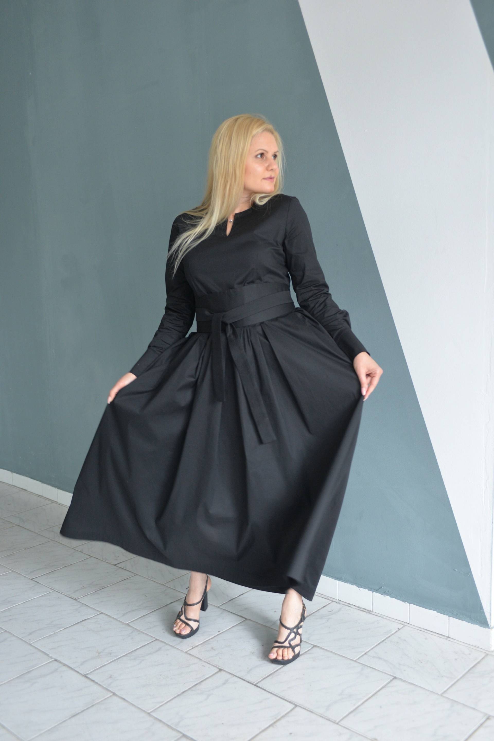 Schwarzes Baumwollkleid, Lange Ärmel Kleid, Formelles Maxikleid, Abendkleid Schwarz, Langes Plus Size Cocktailkleid von LinenDressesForWomen