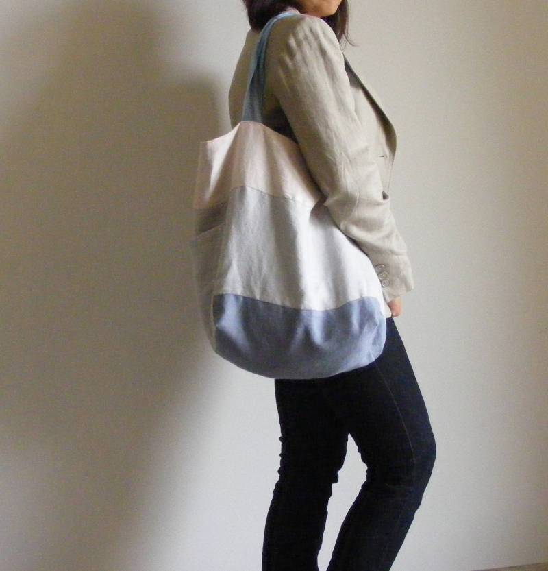 Reversible Leinen Tragetasche Himmelblau & Gestreifte Umhängetasche von LinenFog
