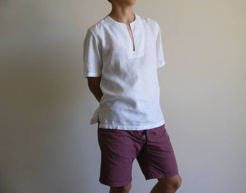 Weisses Leinen Kurzarm Hemd Beach Lounge Flas Top von LinenFog