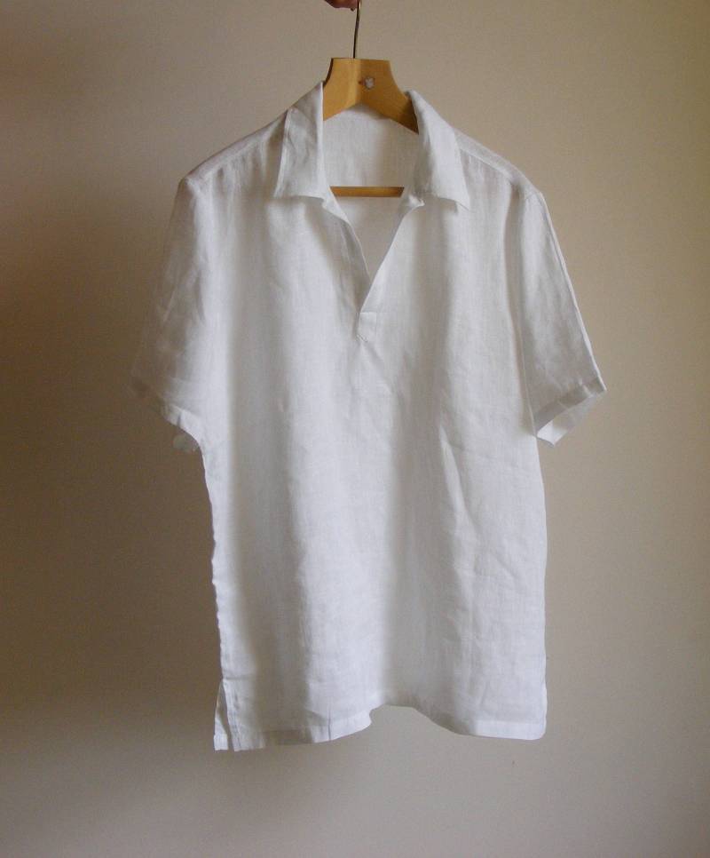 Weißes Leinen Popover Hemd Kurzarm Sommer Herrenmode von LinenFog