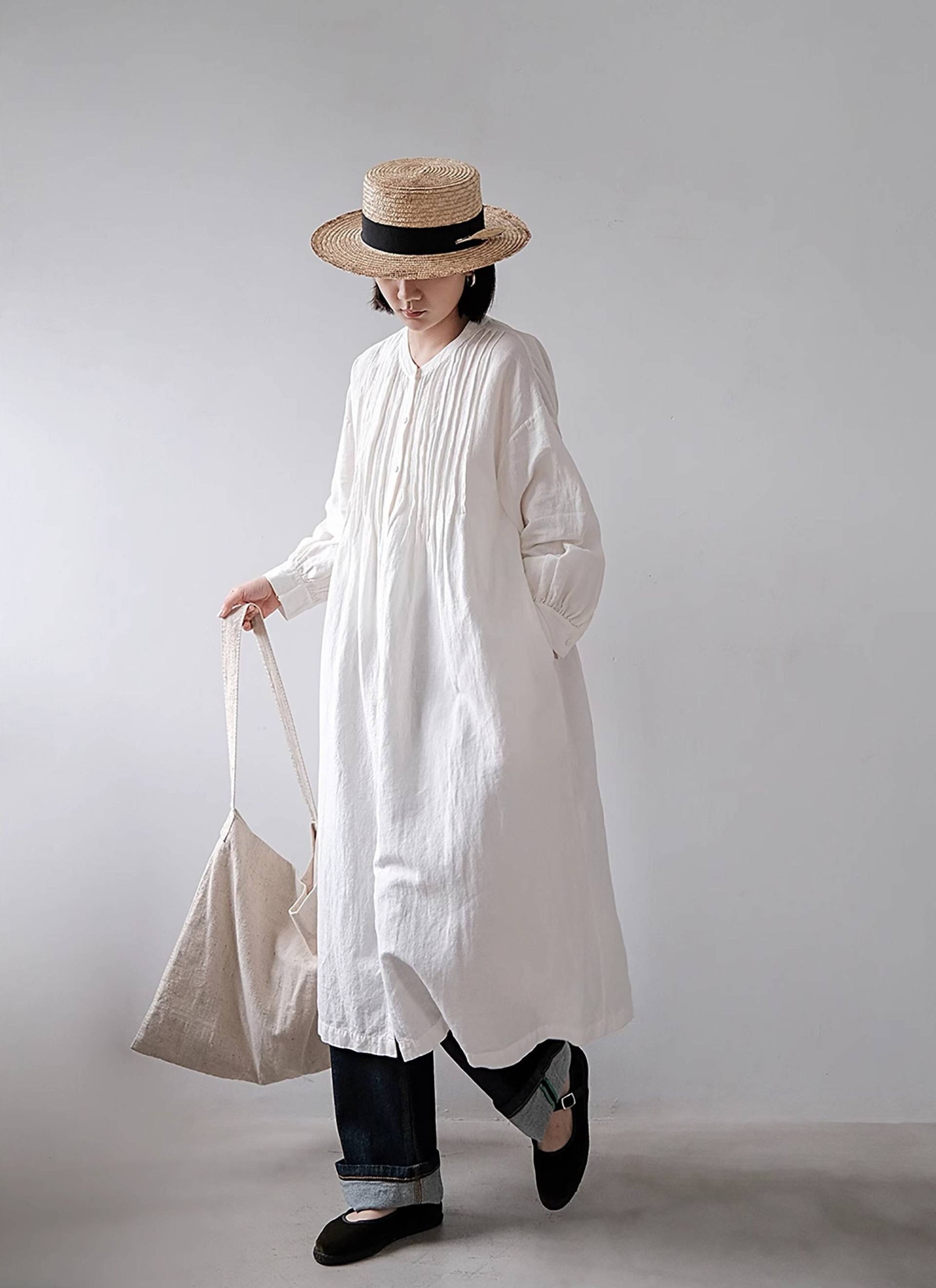 100% Leinenkleider Für Frauen Leinen Lange Ärmel Maxi Kleid Lässige Weiche Übergroße Roben Lose Flachs Mantel Plus Größe N303 von LinenLifeStore