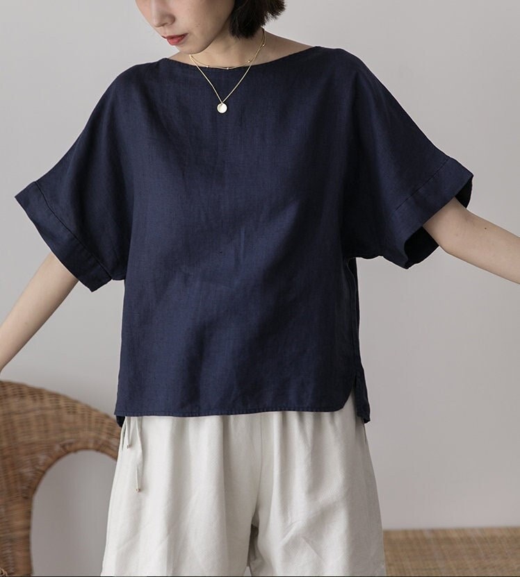 Frauen Leinen Tops Kurzarm Lose Sommer Leinenblusen Oversized Shirt Plus Größe Kleidung Nach Maß N191 von LinenLifeStore