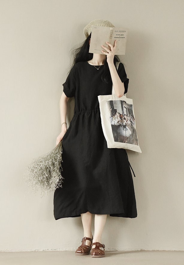 Damen Leinen Maxi Kleid Kurze Ärmel Herbst Frühling Langes Reine Leinenkleider Frauen Weich Lässig Plus Größe Boho F542 von LinenLifeStore