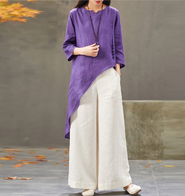 Frauen Leinen Tops Locker Lässig Weich Halbe Ärmel Tunika Frühling Oversized Reine Kleidung Langes Hemd Plus Größe N24 von LinenLifeStore