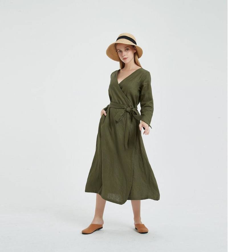 Frauen Leinen Wickelkleid Langarm Maxi Kleid Locker Lässig Übergroße Tunika Roben Frühling Herbst Angepasst Plus Größe Kleidung R17 von LinenLifeStore