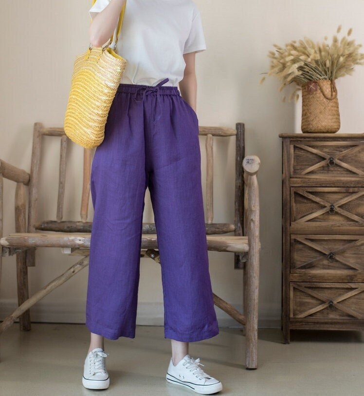 Leinenhose Damenhose Leinen Hose Mit Weitem Bein Lockere Lässige Abgeschnittene Herbst Frühling Nach Maß Plus Größe N05-6 von LinenLifeStore