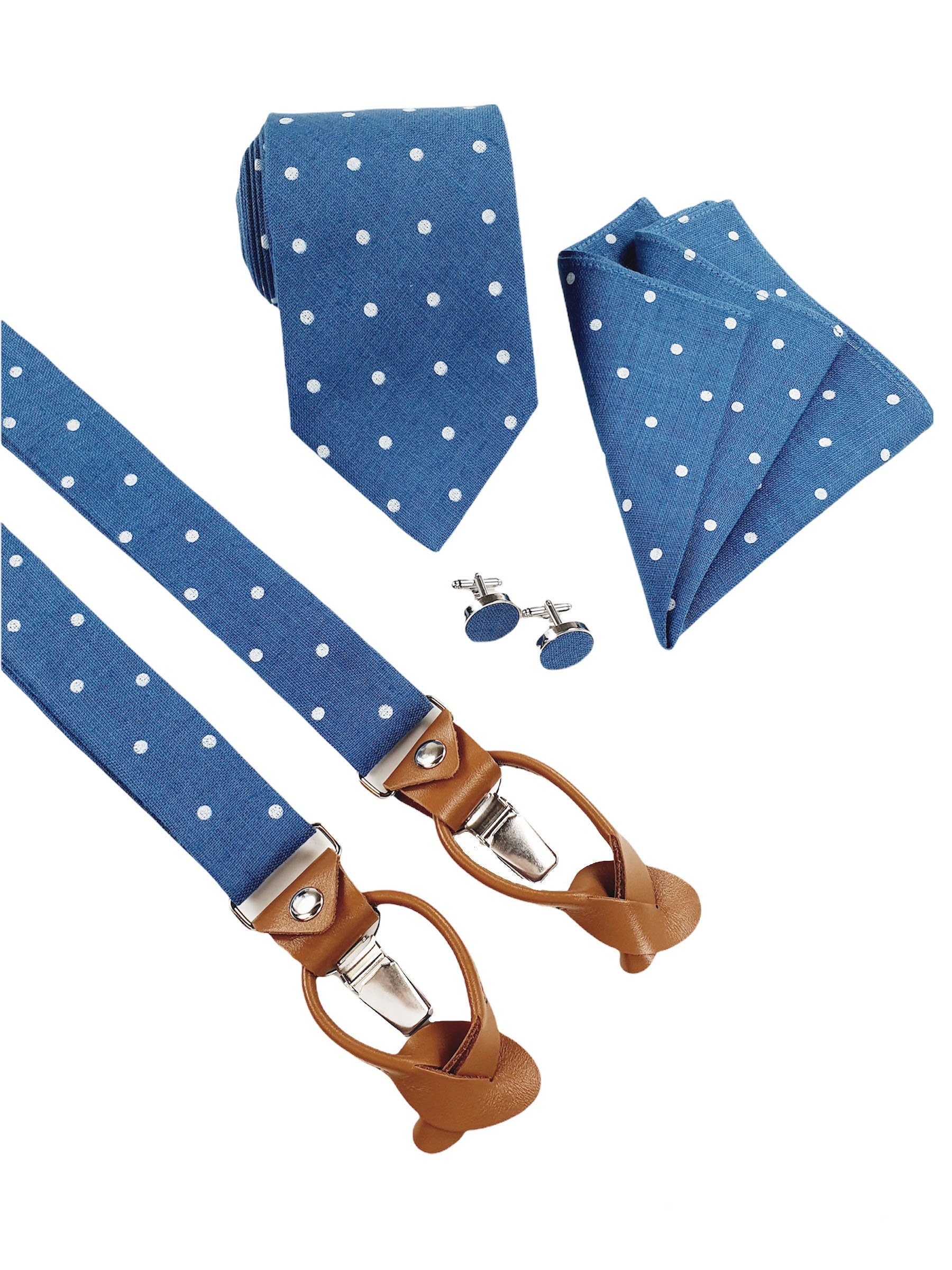 Denim Blaue Herren Accessoires Polka Dots Regulär Krawatte, Schlanke Schmale Hosenträger Mit Leder, Manschettenknöpfe von LinenManStore