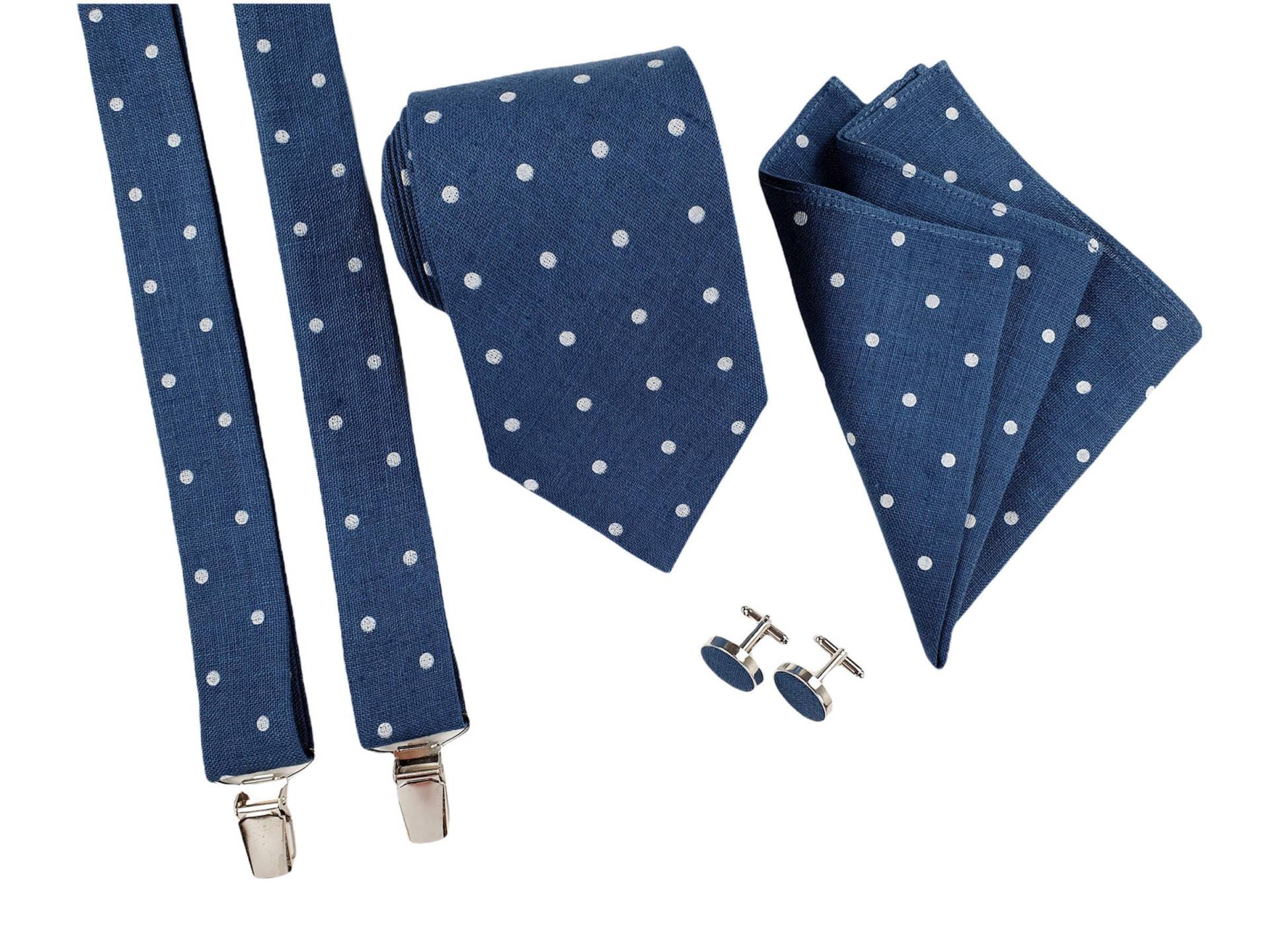 Herren Accessoires Set Dunkelblau Weiß Polka Dots Regulär Krawatte, Schlanke Schmale Hosenträger, Manschettenknöpfe von LinenManStore