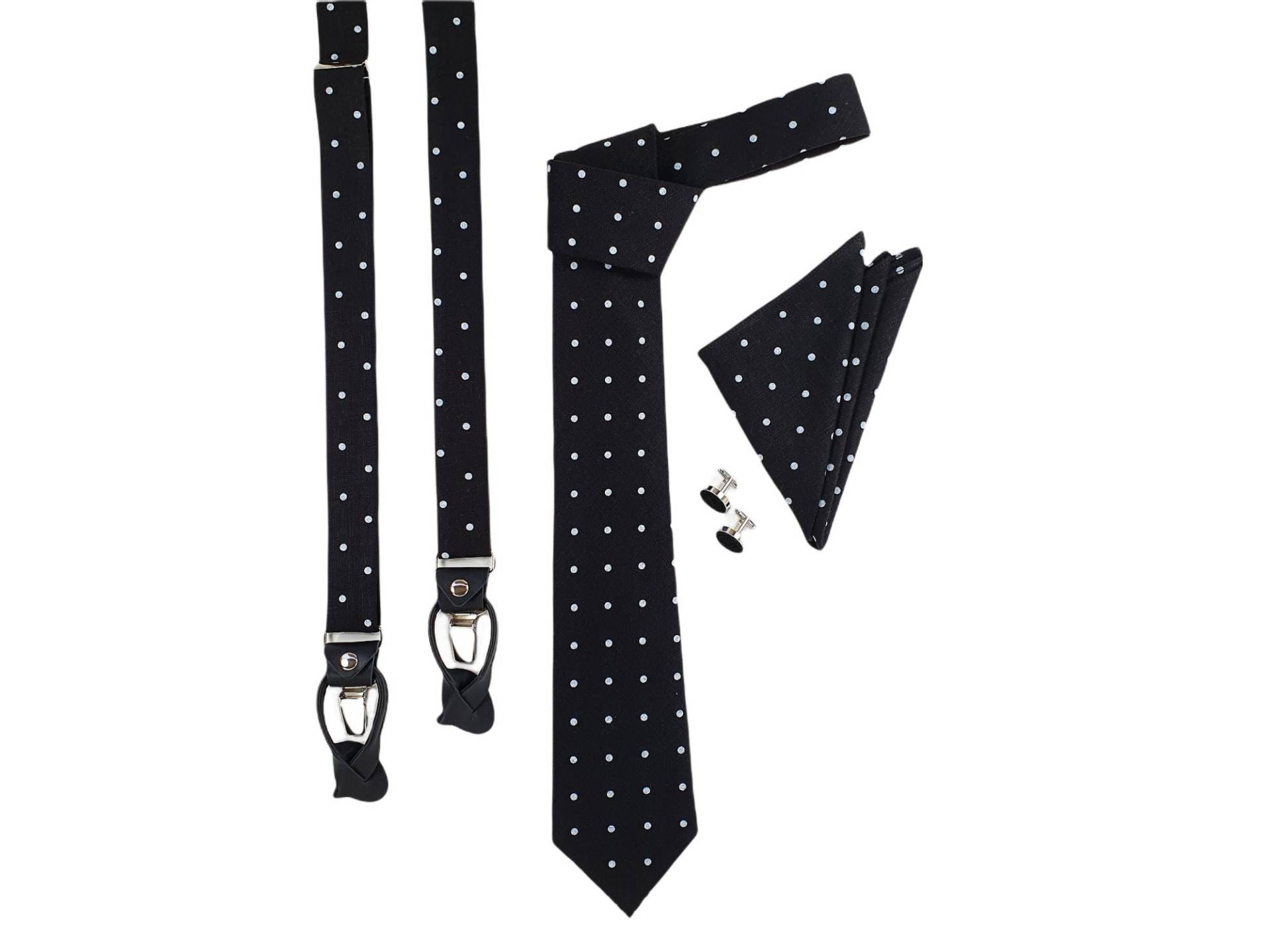 Krawatten Accessoires Schwarz Weiß Polka Dots Regulär Krawatte, Slim Skinny Hosenträger Mit Leder, Manschettenknöpfe von LinenManStore