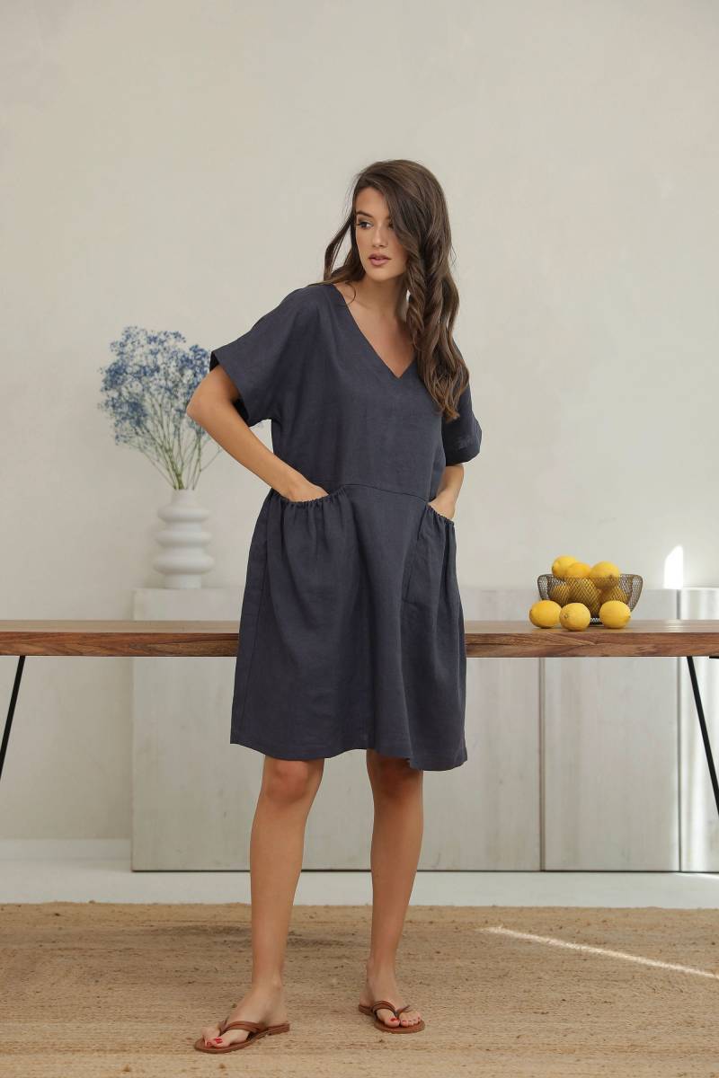 Anthrazit Leinen Kleid Größe - S Sofort Lieferbar, Natürliche 100 Leinen, Sommerkleid, Urlaubskleid, Midikleid, Übergroßes von LinenSWANclothing