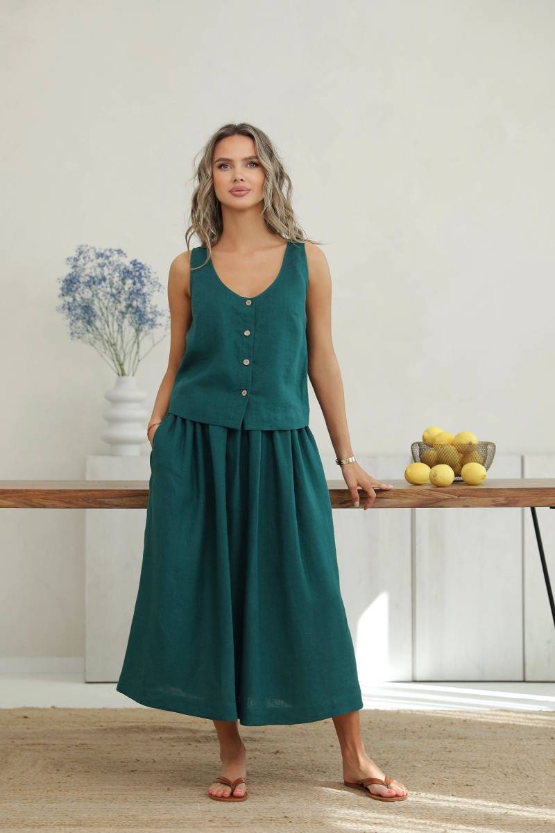 Dunkelgrüner Leinenrock, Leinenrock Mit Gummizug in Der Taille, Hoch Taillierter Taschen, Midi von LinenSWANclothing