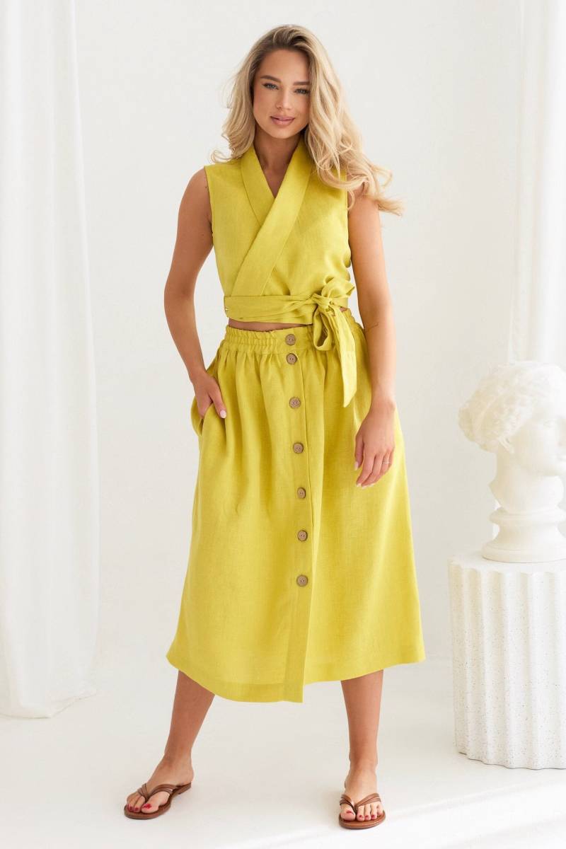 Knopfleiste Leinenrock, Zitrone Hoch Taillierter Leinenrock Mit Taschen, Raffung Rock, Leinen Midi Rock von LinenSWANclothing