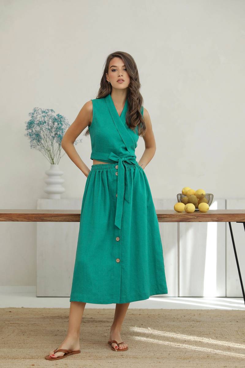 Leinen 2-Teiliges Set, Smaragdrock Und Wickeltopset in 34 Farben Erhältlich, Gewaschenes, Erweichtes Naturleinen von LinenSWANclothing
