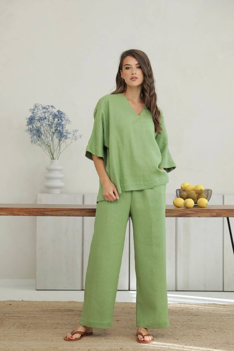 Leinen 2-Teiliges Set Hose Und Übergroßes Top Farngrün Erhältlich in 34 Farben Bund Gewaschenes Erweichtes Naturleinen von LinenSWANclothing