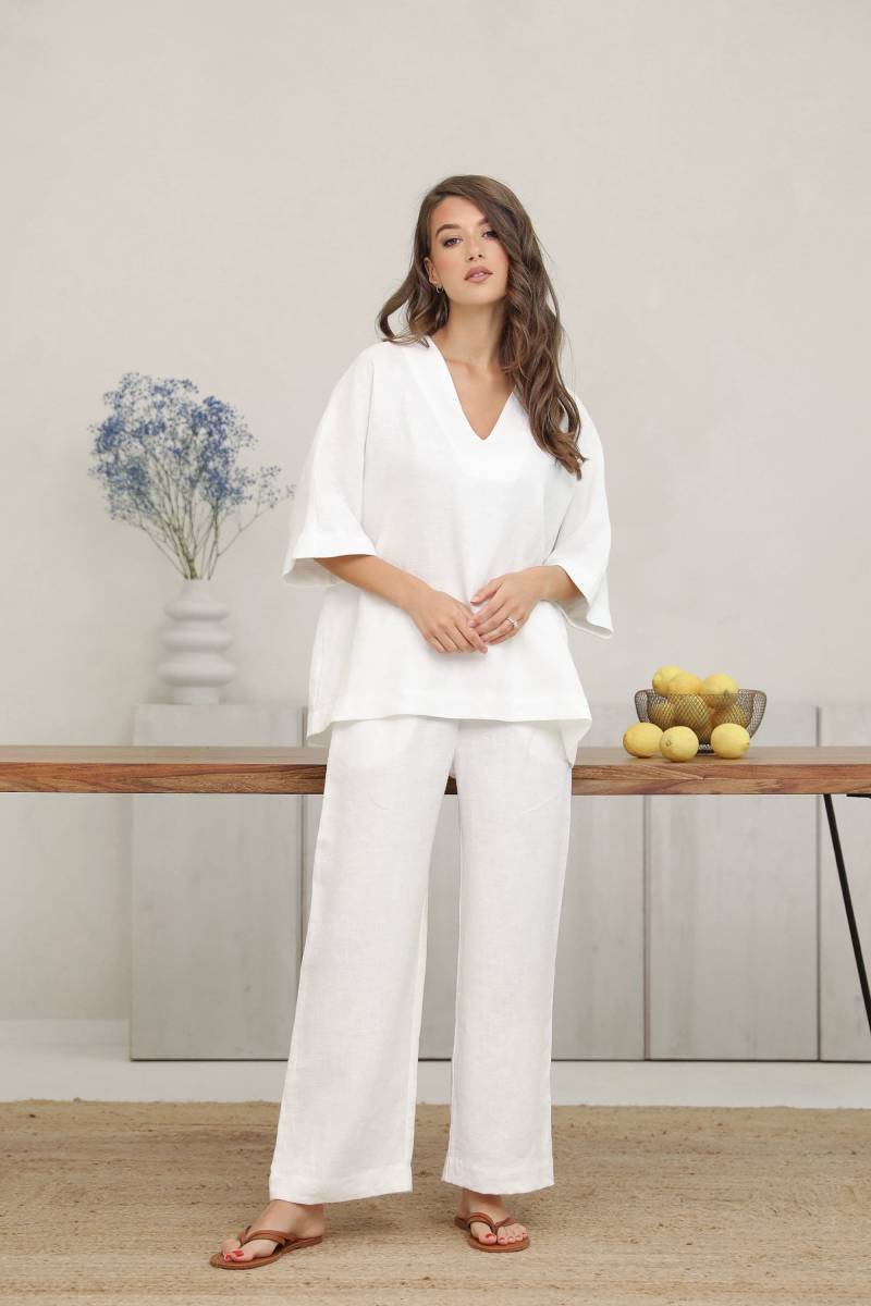 Leinen 2-Teiliges Set Hosen Und Übergroßes Top Milchweiß Erhältlich in 34 Farben Gewaschenes Erweichtes Naturleinen von LinenSWANclothing