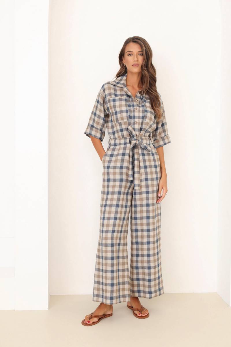 Leinen Jumpsuit Frauen Grösse - S Sofort Lieferbar, Lose Overalls in Blau Braun Vichy-Karo, Romper Mit Gürtel Für Frauen, Gingham von LinenSWANclothing