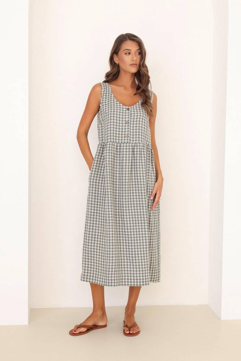 Leinenkleid, Kleines Grünes Gingham Kleid, Sommer Karokleid, Bescheidenes Kariertes Leinenkleid von LinenSWANclothing