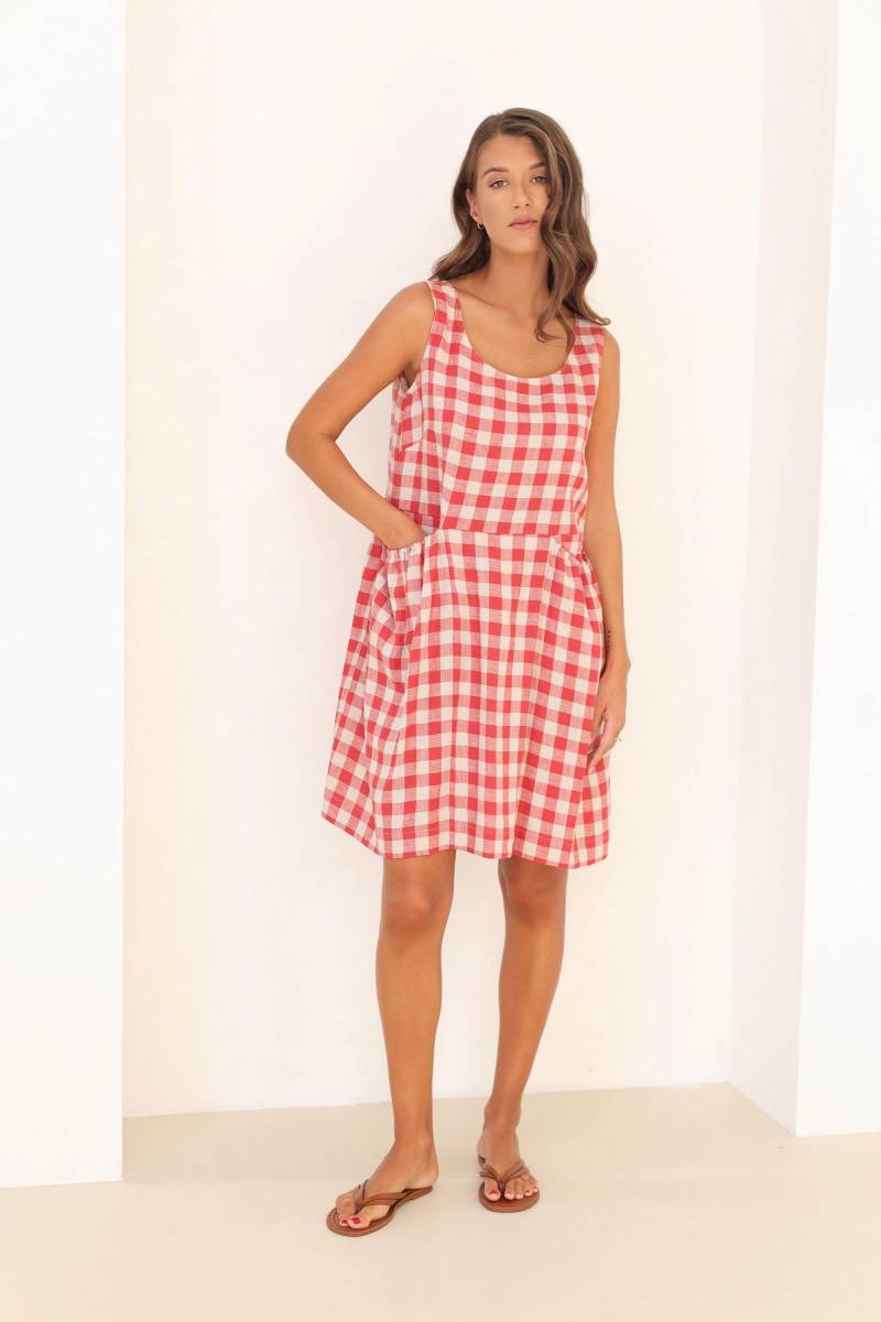 Rot Kariertes Kleid, Rotes Gingham Leinenkleid, Sommer Urlaubskleid, Mini Und Weiß Kleid von LinenSWANclothing