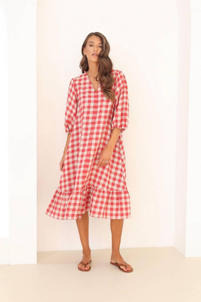 Rotes Gingham Leinenkleid Grösse - S Versandfertig, Sommer Leinenkleid, Übergroßes Karokleid, Rot Kariertes Kleid von LinenSWANclothing