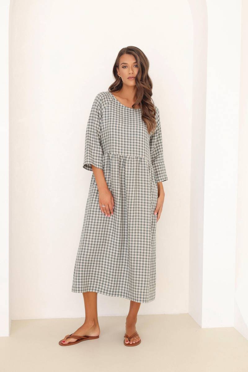 Übergroßes Leinenkleid, Kleines Grünes Ginghamkleid, Sommerkleid Aus Leinen, Midikleid Basickleid Leinen von LinenSWANclothing