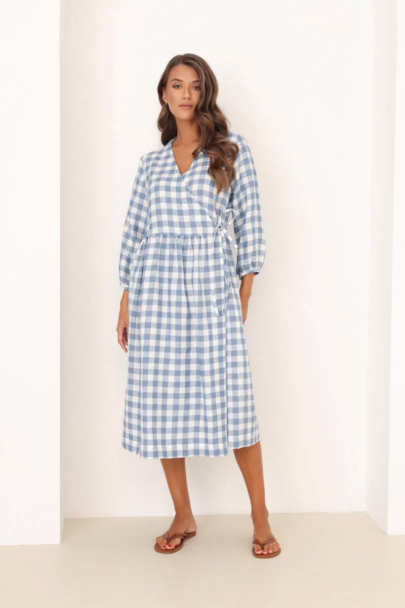 Wrap Leinenkleid Größe - S Bereit Zu Versenden, Bescheidenes in Hellblauem Gingham, Mit Taschen, Gingham von LinenSWANclothing
