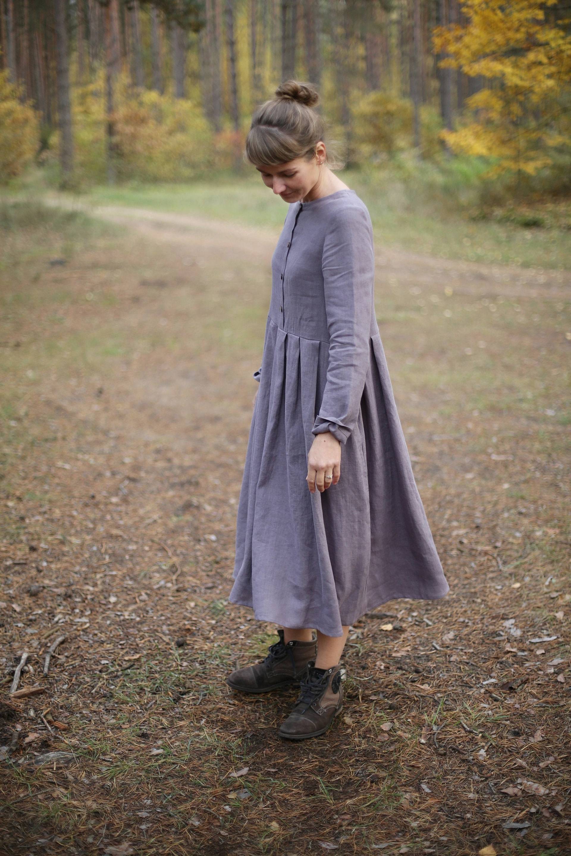 Herbstliches Leinenkleid/Kleid Mit Langen Ärmeln Langes Knöpfen Umstandskleid Weites Lockeres Taschen von LinenSea