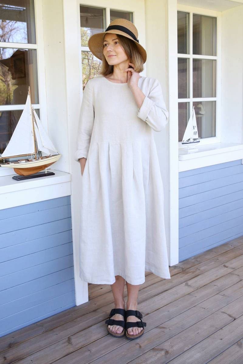 Langärmeliges Leinenkleid, Leinenkleidung Mit Taschen, Faltenbalg-Die-Knielang, Sommerkleid Lockerer Passform, Boho Maxikleid, A-Linienkleid von LinenSea