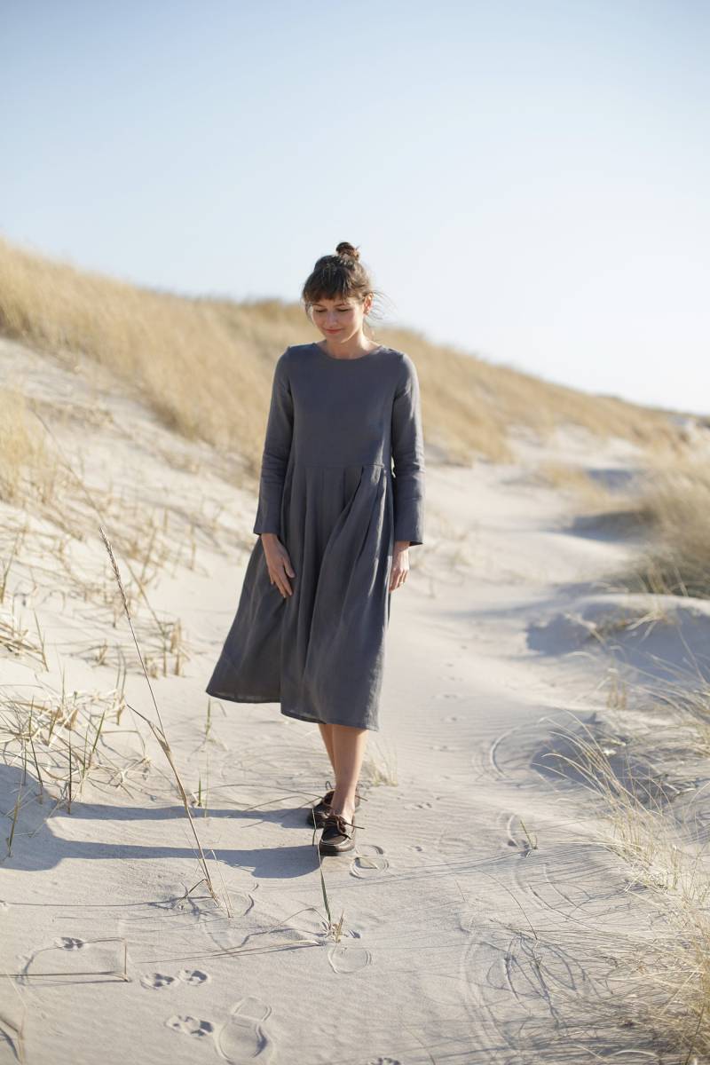 Langarm Leinenkleid. Verschiedene Farben Zur Auswahl. Weites, Knielanges, Locker Sitzendes Herbstkleid. Stone Washed Leinenkleidung Für Frauen von LinenSea