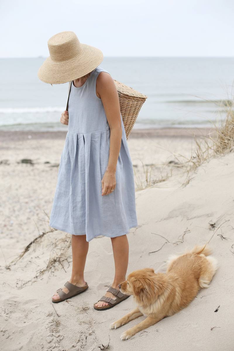 Lockeres Leinenkleid/Kittelkleid Weites Plissiertes Loose Fit Langes Umstandskleid Knielang von LinenSea