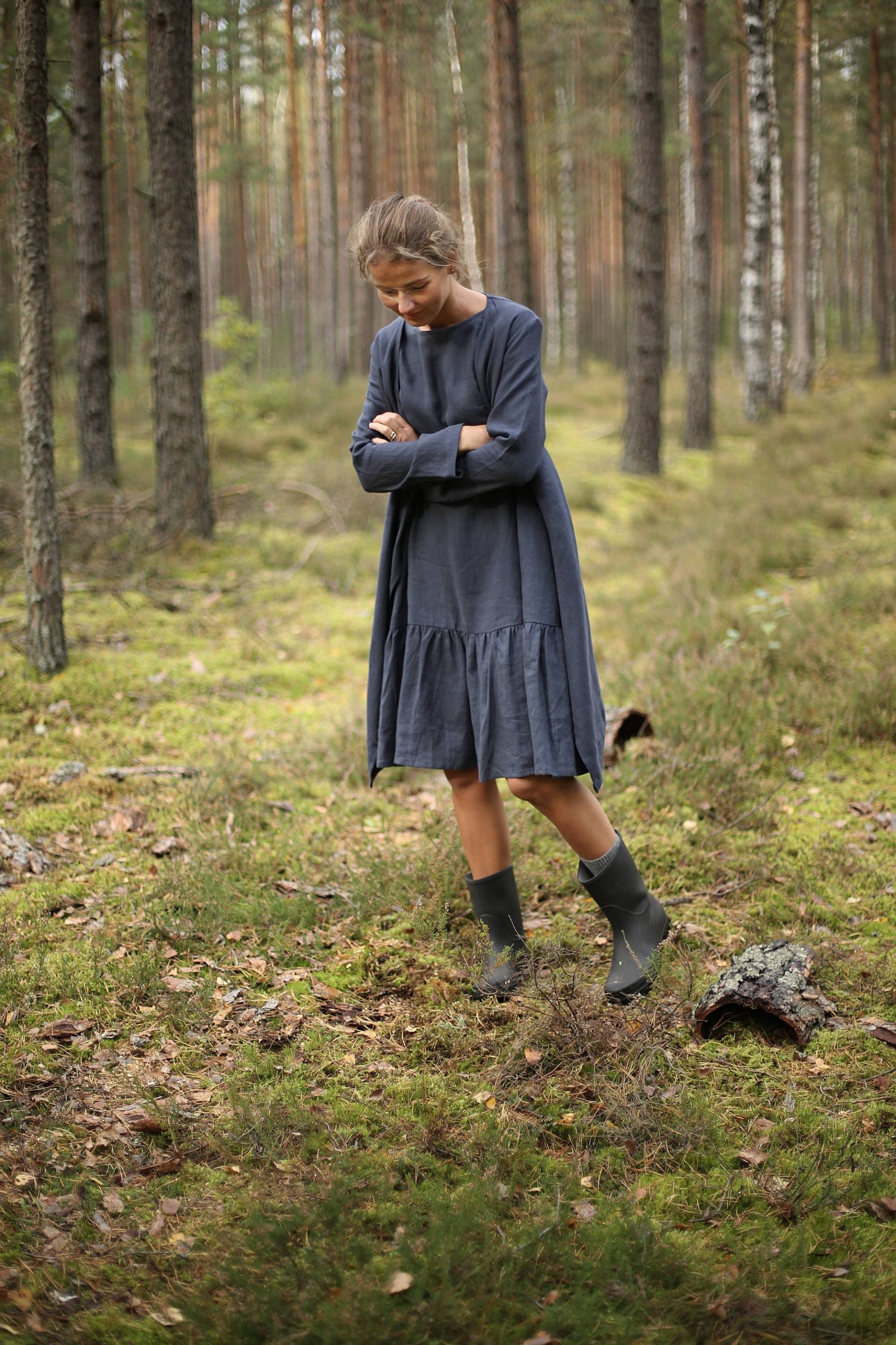 Übergroßes Kleid | Weites Rockkleid Langärmliges, Knielanges Locker Sitzendes Steingewaschene Handgefertigte Leinenkleidung Für Damen von LinenSea