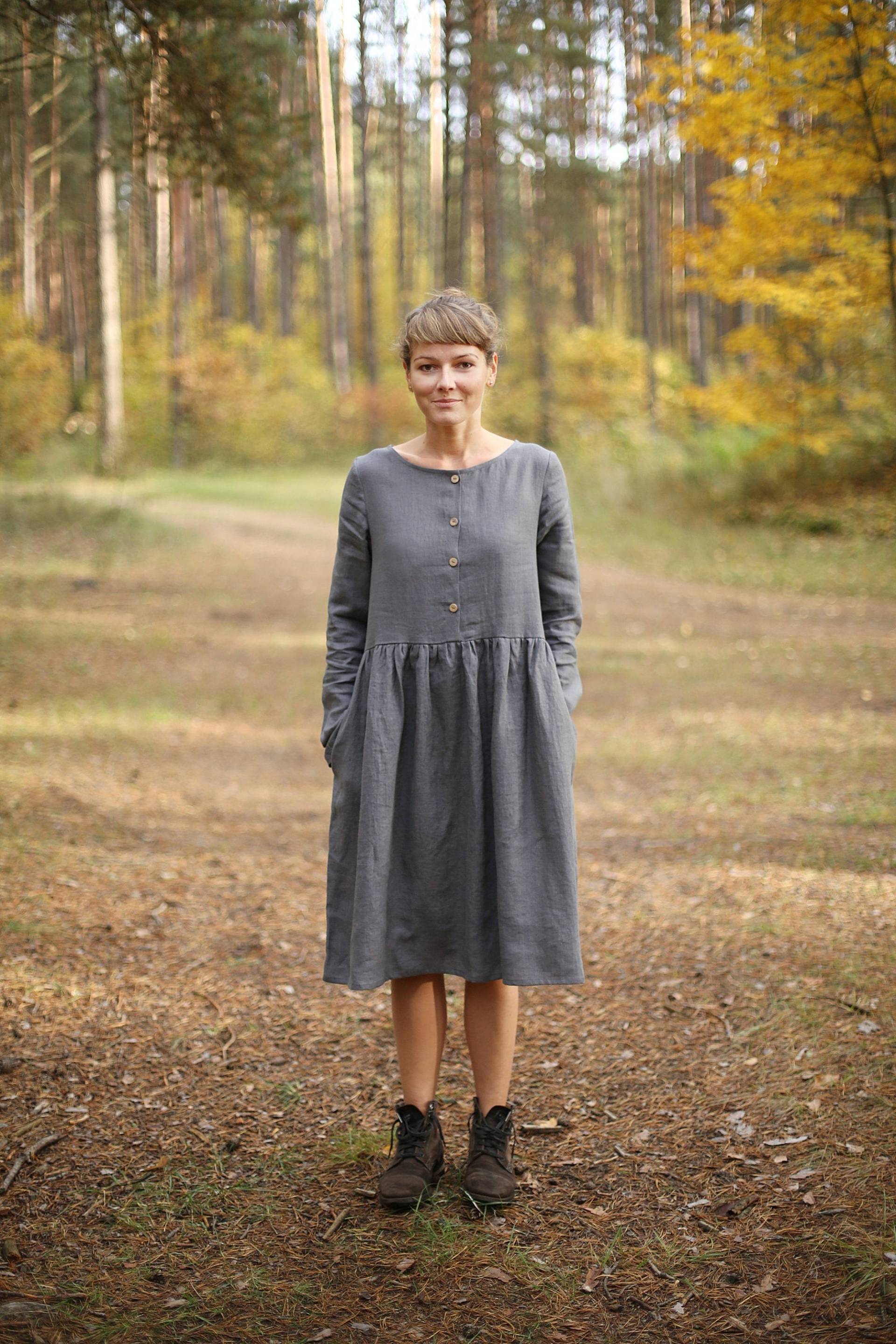 Umstandskleid/Schwangerschaftskleid Leinenkleid Mit Langen Ärmeln Weiter Knielang Locker Sitzendes Herbstkleid Kleid Knöpfen von LinenSea