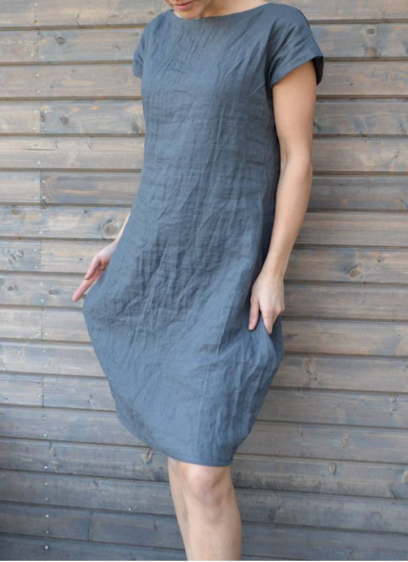 Leinen Tunika Kleid Frauen Handmade Lockere Kleidung Kurze Ärmel Hellblau Grau Natürlich, Weihnachtsgeschenk von LinenWonderLine