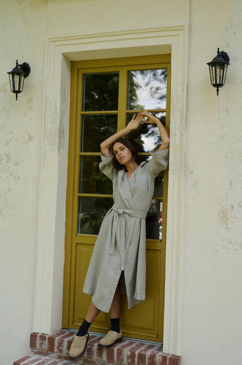 Agnes Schweres Naturgraues Leinenkleid - Schweres Maxi Wickelkleid Herbstkleid von Linenfox