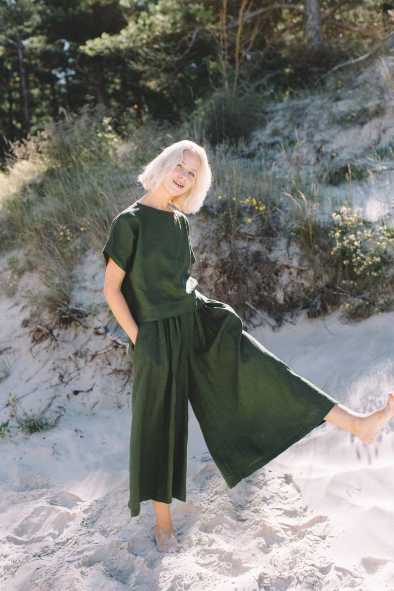 Clementine Waldgrüne Hose - Culottes Leinen Weite Leinenhose Weiche Sommerhose von Linenfox