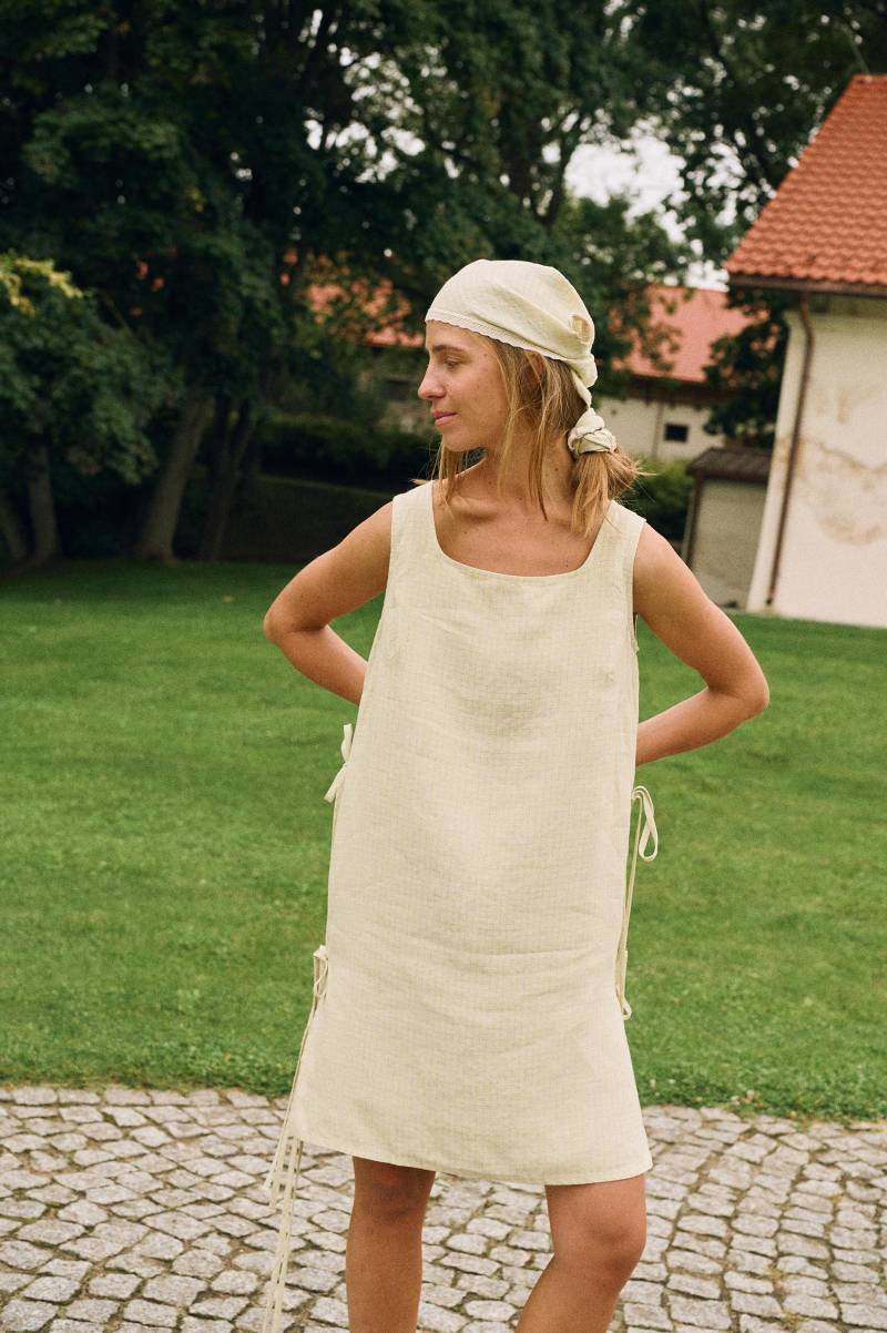 Ella Apfel Karos Leinenkleid - Midikleid Kleid in A-Linie Vintage-Inspiriertes Relaxed Fit Schleifenkleid Sommerkleid von Linenfox