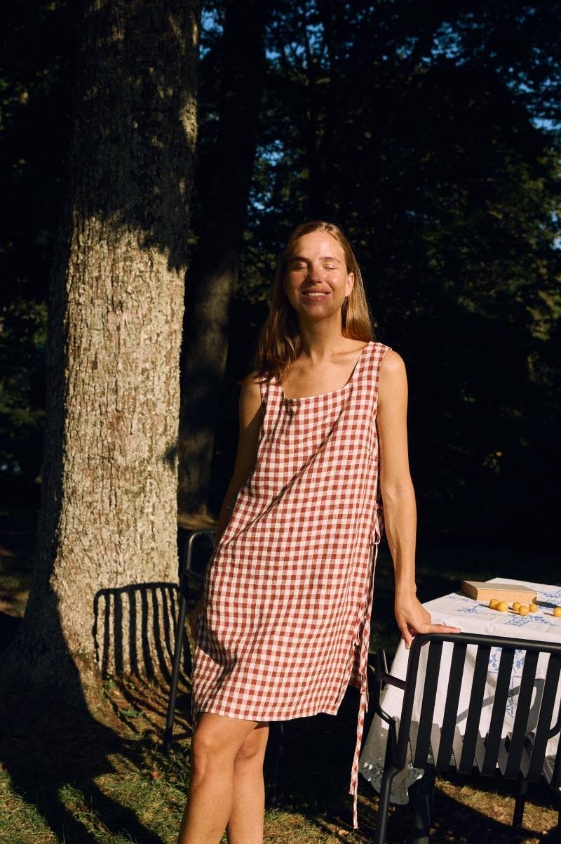 Ella Terrakotta Vichykaro Leinenkleid - Midikleid Kleid in A-Linie -Vintage-Inspiriertes Sommerkleid Mit Lässiger Passform von Linenfox