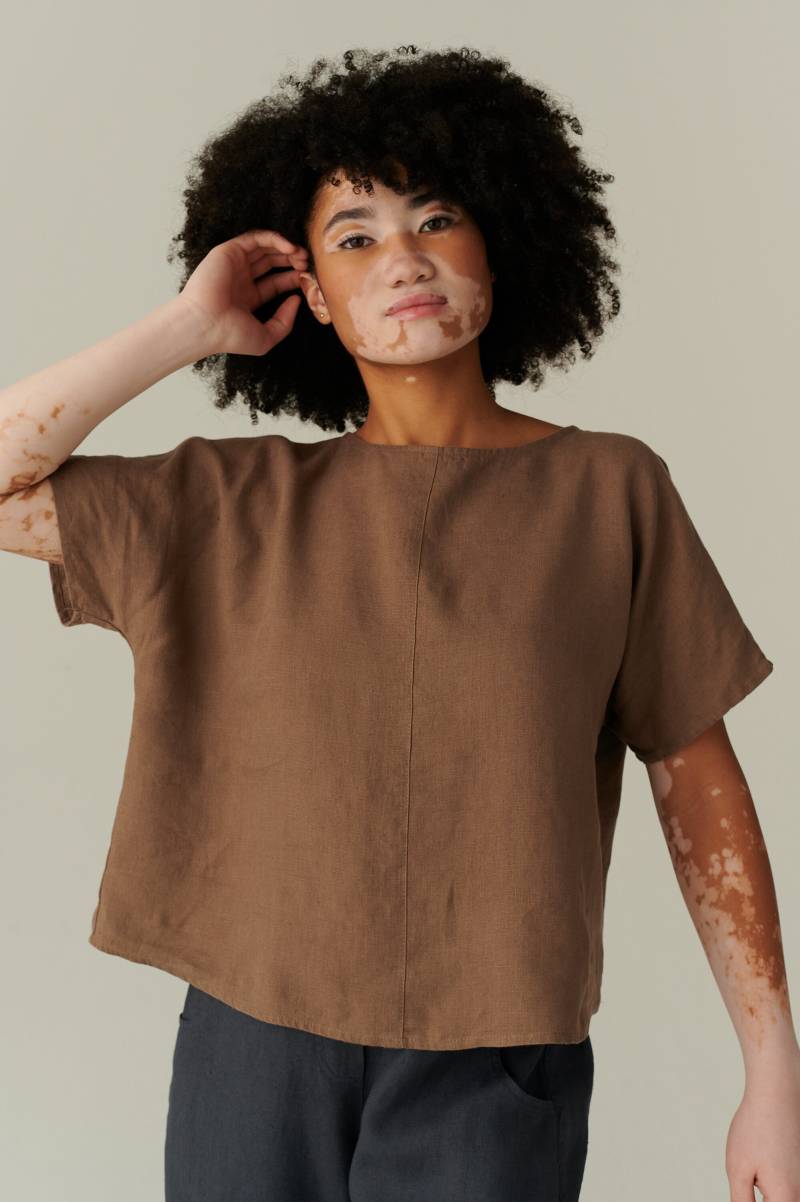 Iris Cacao Leinen Top - Oversized Bluse Basic Minimal von Linenfox
