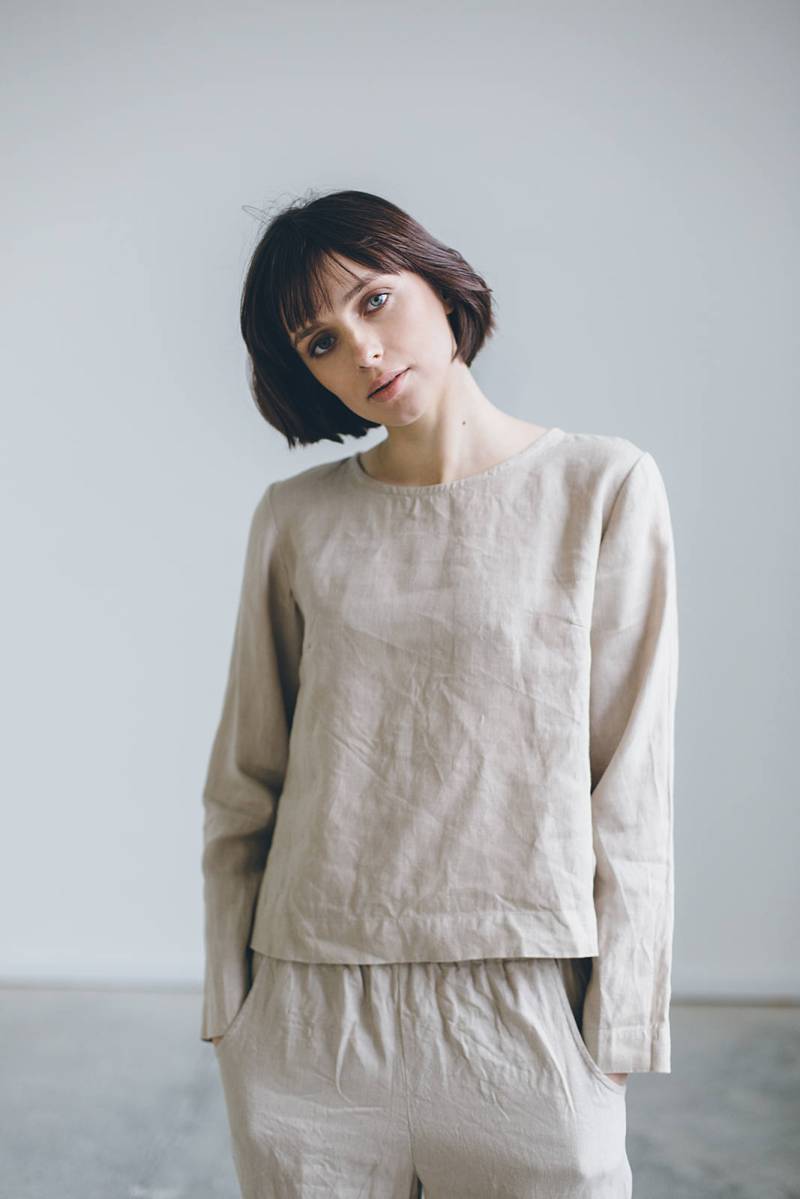 Jana Beiges Top - Leinenbluse Mit Langen Ärmeln Basic Leinen Leinenhemd Waschzeug Aus von Linenfox