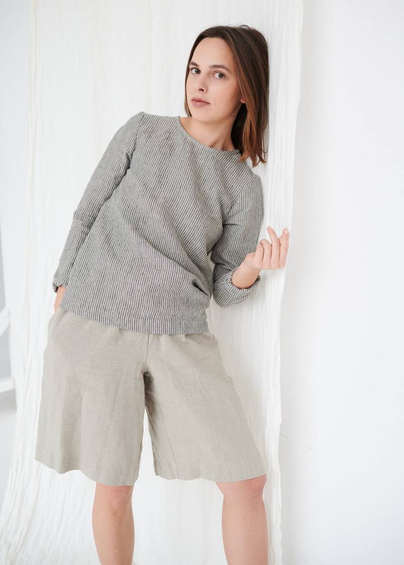 Jana Grau Gestreiftes Top - Leinenbluse Mit Langen Ärmeln Basic Leinen Leinenhemd Leinenklamotten von Linenfox