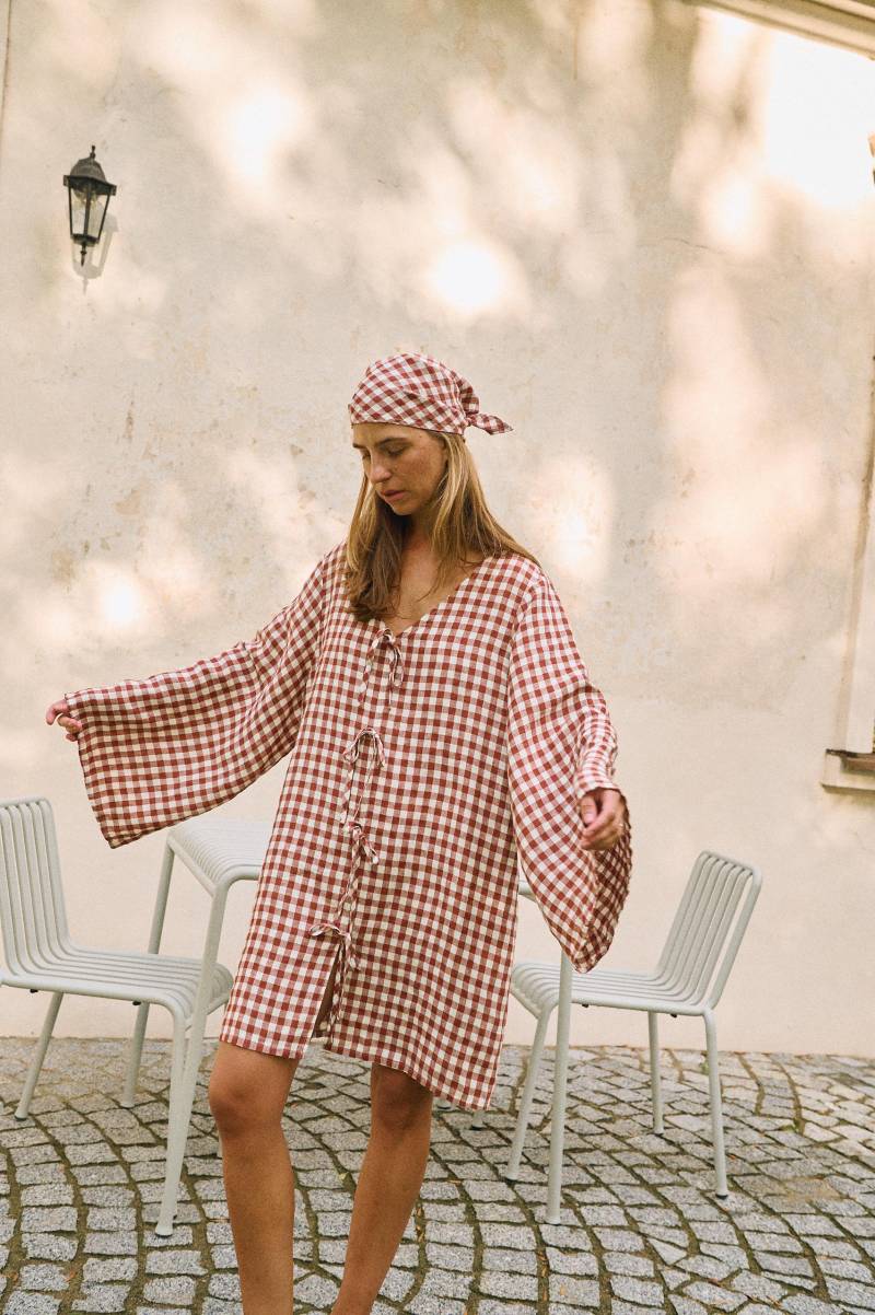 Luise Terracotta Vichykaro Leinenkleid - Oversized Kleid Weitärmliges Sommerliches Minikleid Ginghamkleid von Linenfox