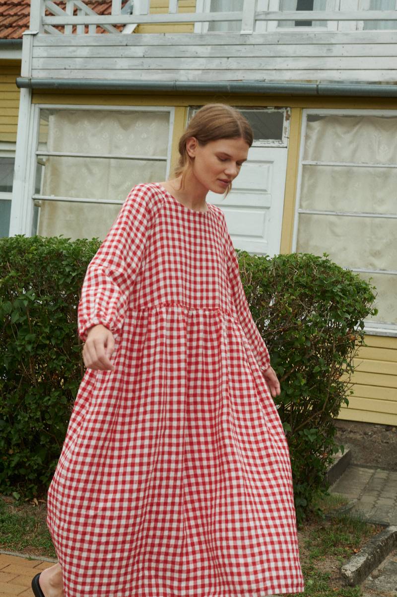 Margo Rotes Gingham Leinenkleid - Herbst Langes von Linenfox