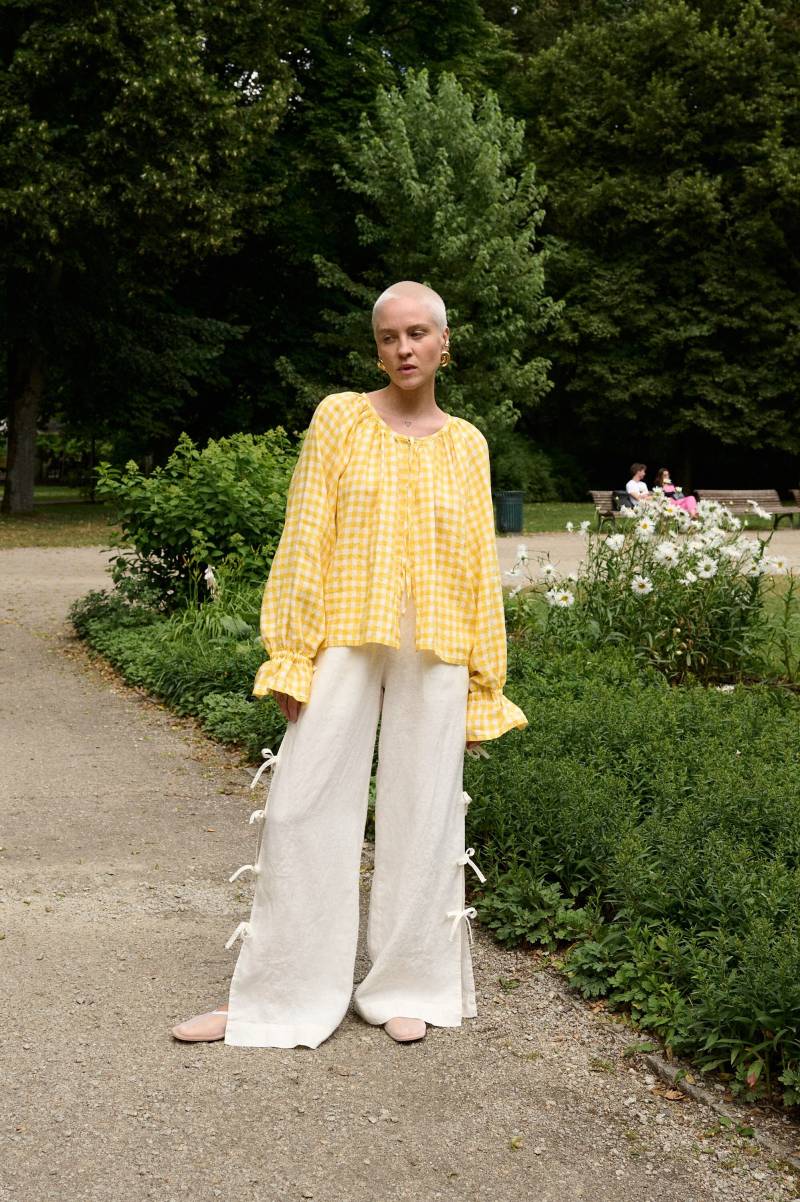 Mila Gelbes Vichykaro - Leinentop Button-Down-Top Leinenbluse Langarmtop Rüschenbündchen Oversized Leinen von Linenfox