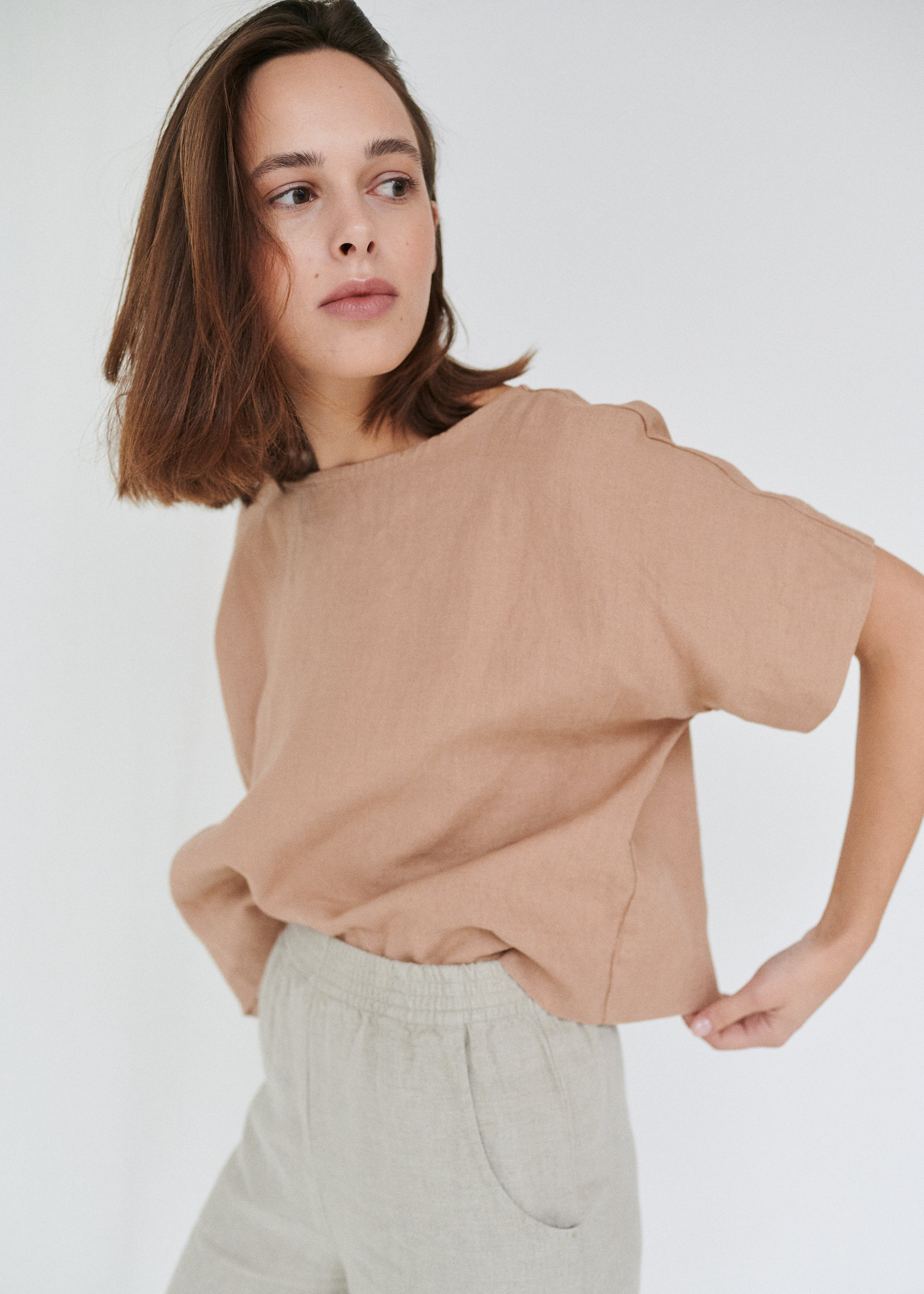 Mona Dusty Peach Top - Leinen Oversized Bluse Crop von Linenfox