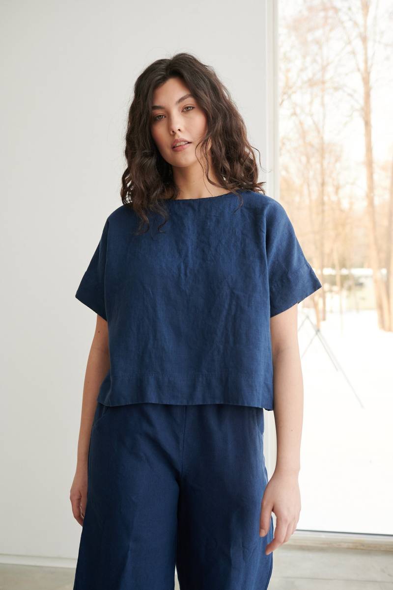 Marineblaues Oberteil Mona - Basic Leinen Top Leinenbluse Oversized von Linenfox