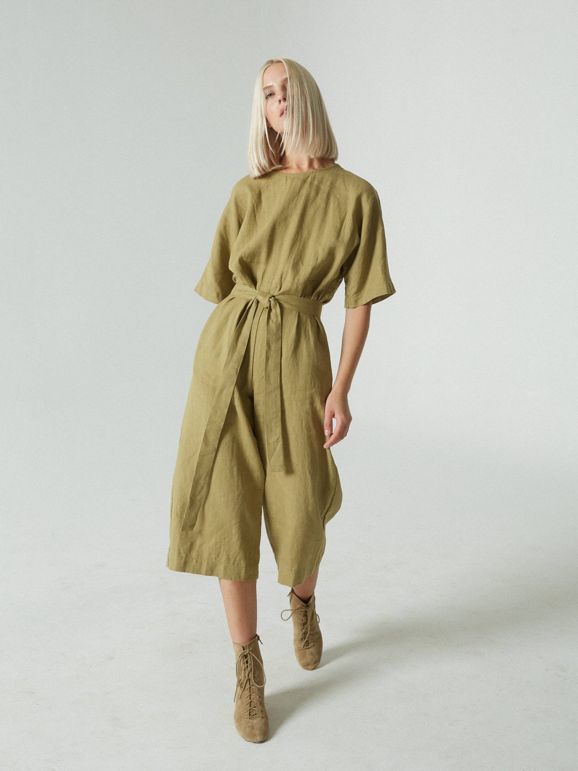 Olivia Olive Overall - Leinen Oversized Strampler Damen Kleidung Weites Bein von Linenfox