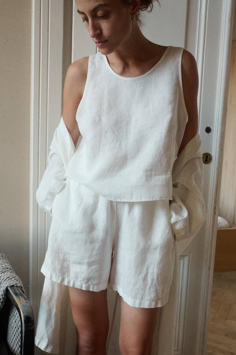 Pyjama-Top - Milchiges Weißes Leinentop Basic Leinen Top Leichtes Weiche Leinenbekleidung Sommertop von Linenfox