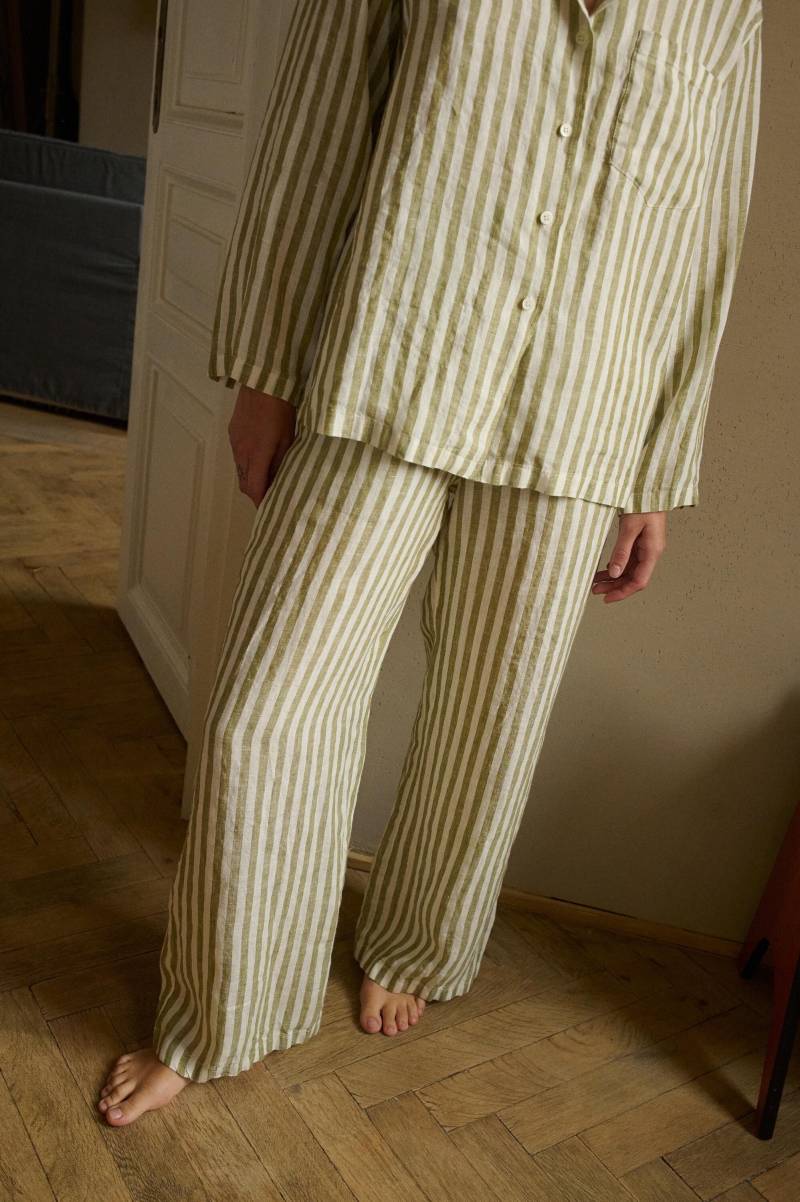 Pyjamahose - Gestreifte Leinenhose Pyjama Nachtwäsche Olive Gestreift Streifen von Linenfox